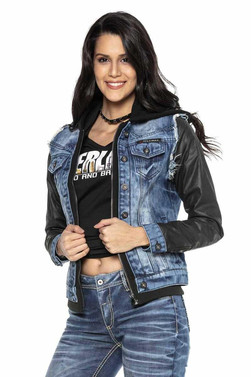 WJ184 Leather Sleeve Hooded Women's Denim Jacket