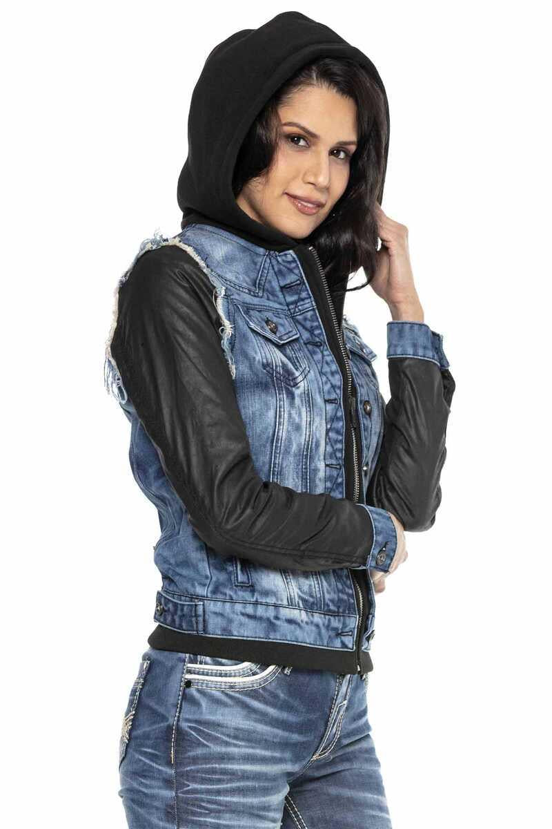 WJ184 Leather Sleeve Hooded Women's Denim Jacket