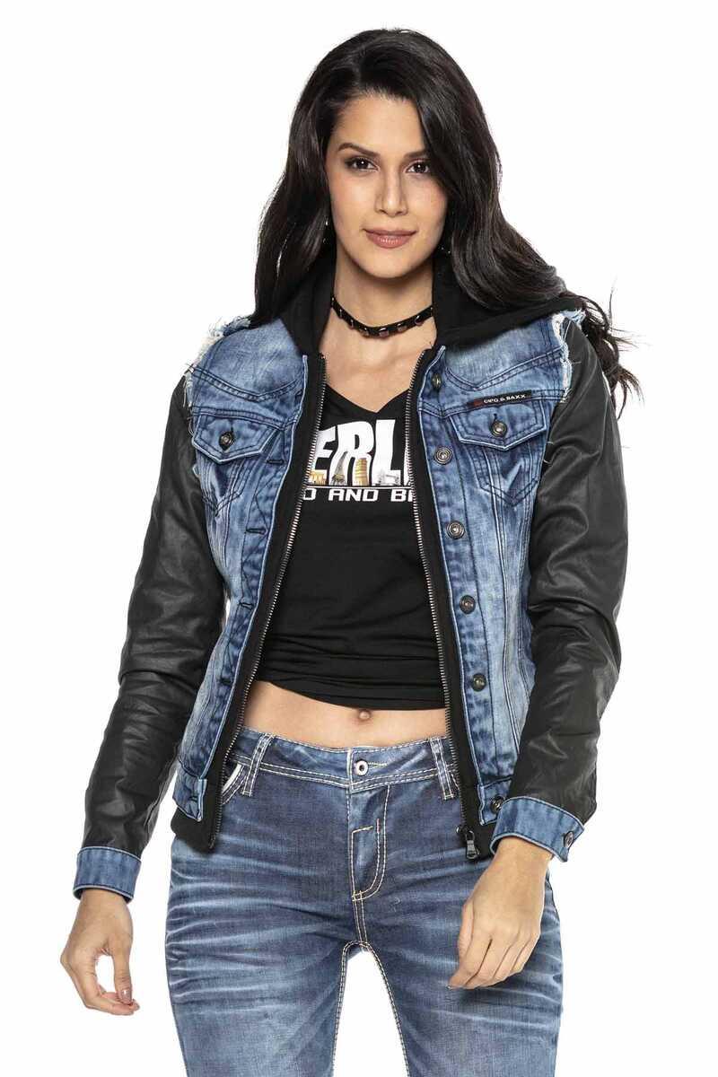 WJ184 Leather Sleeve Hooded Women's Denim Jacket