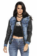 WJ184 Leather Sleeve Hooded Women's Denim Jacket