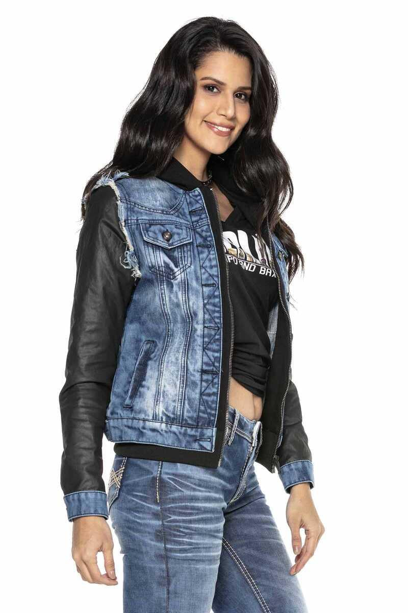 WJ184 Leather Sleeve Hooded Women's Denim Jacket