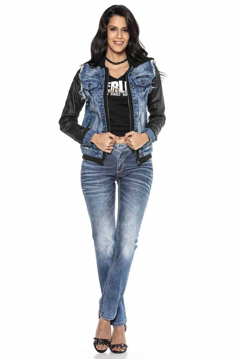 WJ184 Leather Sleeve Hooded Women's Denim Jacket