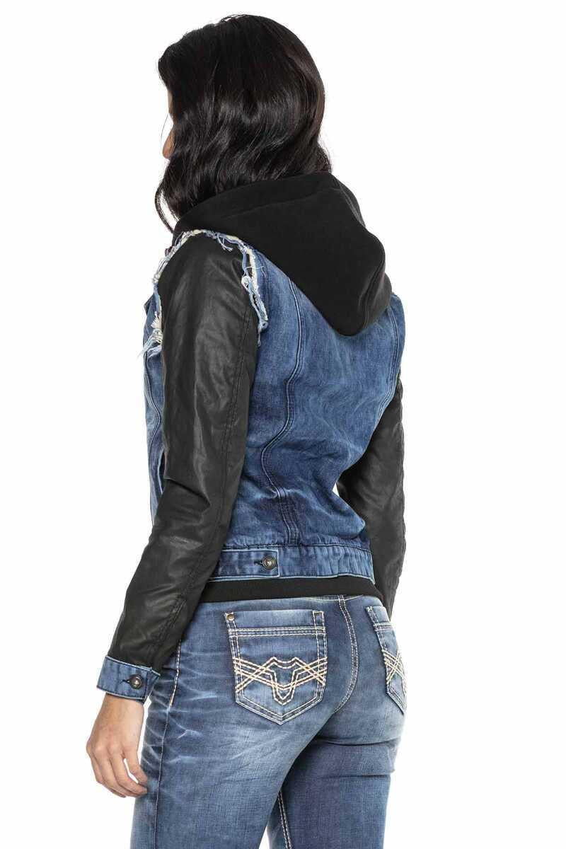 WJ184 Leather Sleeve Hooded Women's Denim Jacket