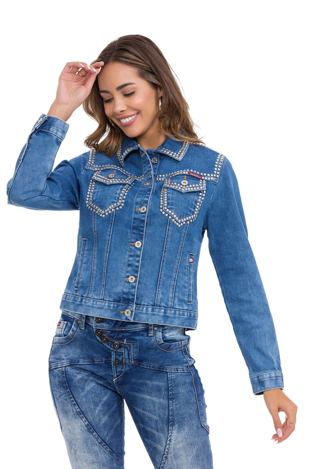 WJ213 Women's Silver Embellished Denim Jacket