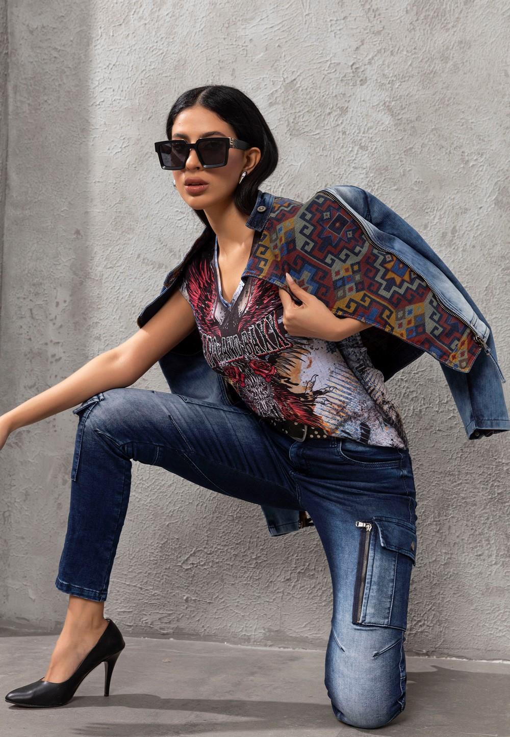 WJ228 Ethnic Pattern Detail Women's Denim Jacket