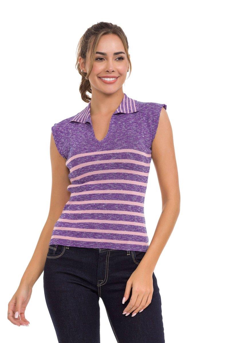 WT353 Polo Collar Striped Knit Women's T-Shirt