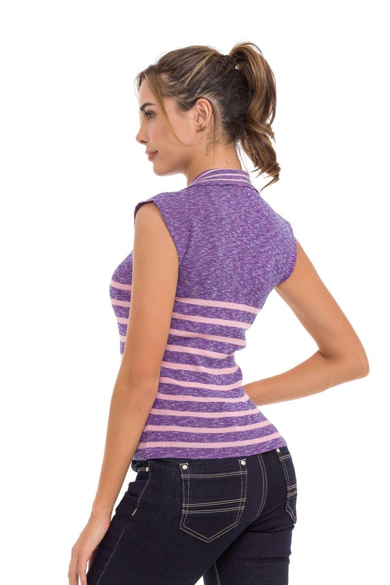 WT353 Polo Collar Striped Knit Women's T-Shirt