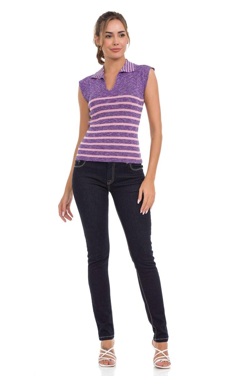 WT353 Polo Collar Striped Knit Women's T-Shirt