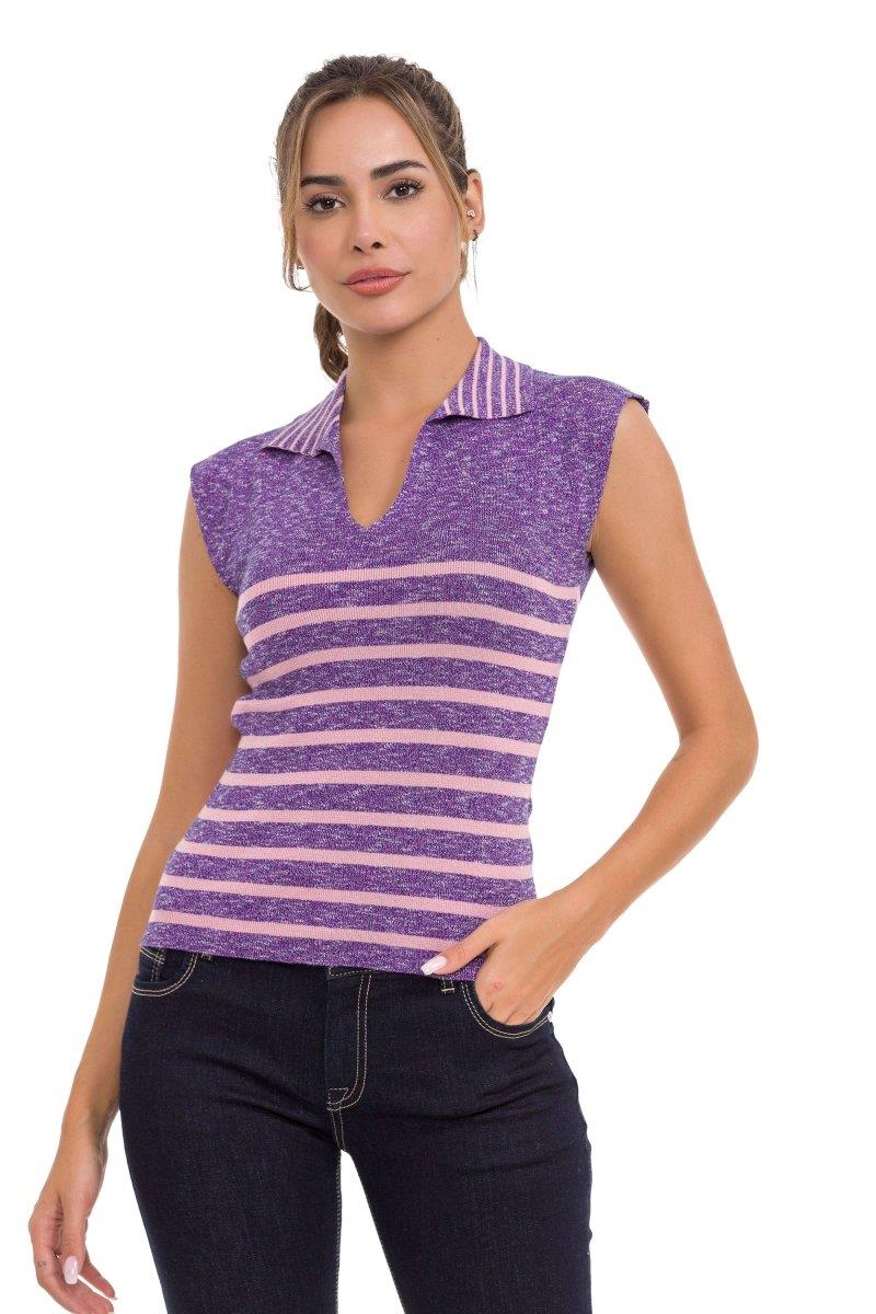 WT353 Polo Collar Striped Knit Women's T-Shirt